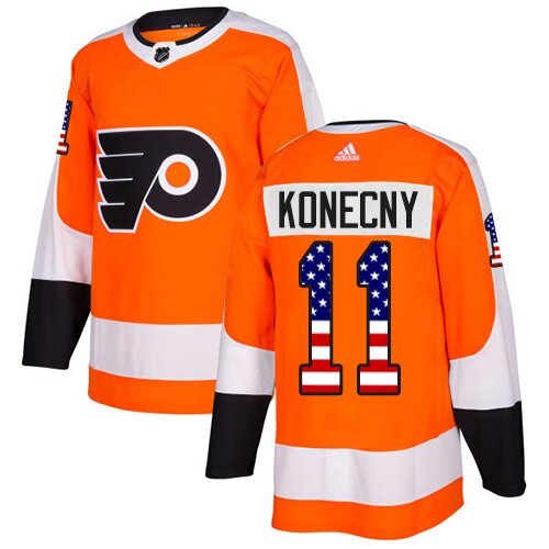 Men's Philadelphia Flyers #11 Travis Konecny Orange Authentic USA Flag Fashion Hockey Jersey