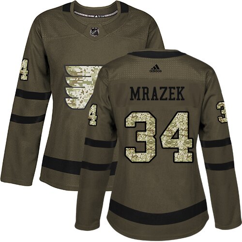 Women's Philadelphia Flyers #34 Petr Mrazek Adidas Green Authentic Salute To Service NHL Jersey