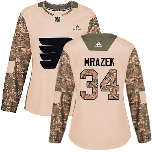 Women's Philadelphia Flyers #34 Petr Mrazek Adidas Camo Authentic Veterans Day Practice NHL Jersey