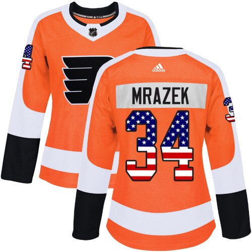 Women's Philadelphia Flyers #34 Petr Mrazek Adidas Orange Authentic USA Flag Fashion NHL Jersey