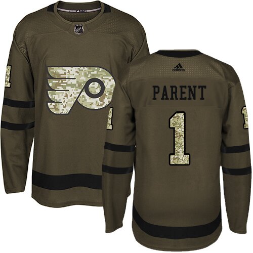 Men's Philadelphia Flyers #1 Bernie Parent Adidas Green Authentic Salute To Service NHL Jersey
