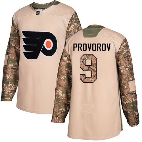 Men's Philadelphia Flyers #9 Ivan Provorov Camo Authentic Veterans Day Practice Hockey Jersey